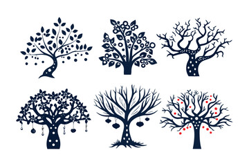 Artistic Array of Trees: A collection of six unique tree illustrations, each showcasing distinctive characteristics from leafy foliage to bare branches.