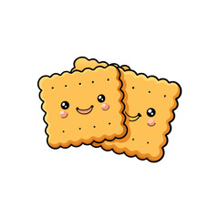 Two adorable square crackers with happy faces isolated on white background
