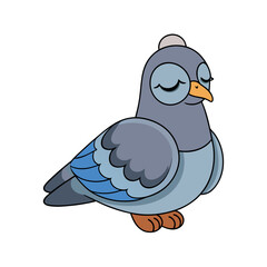 Cute cartoon pigeon with closed eyes and orange beak isolated on white background