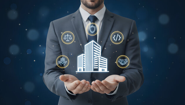 managing business structure with digital interface showing key operational elements