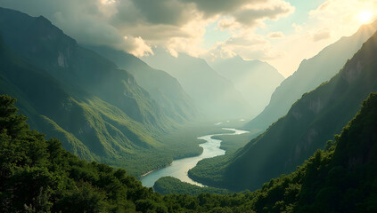 Majestic Mountain Valley Covered in Morning Mist