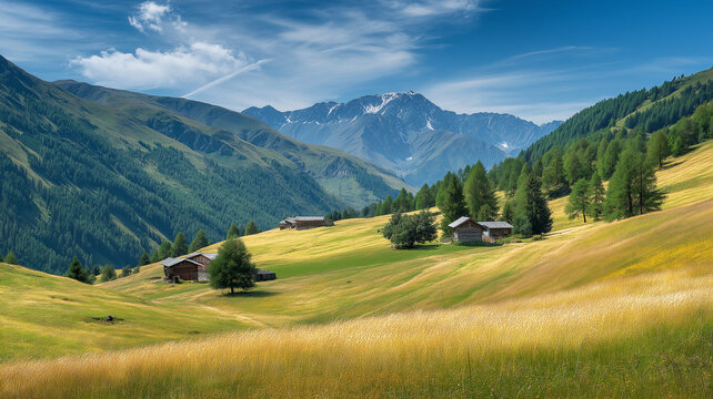 Idyllic mountain landscape in the Alps with blooming meadows in springtime