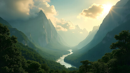 Majestic Mountain Valley Covered in Morning Mist