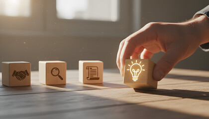 hand placing lightbulb block on table symbolizing idea and innovation