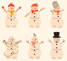 A set of festive snowmen in hats and scarves.