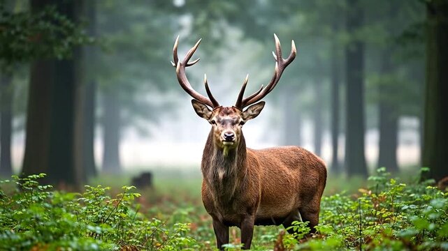 Majestic stag roams lush rainforest, a serene wildlife portrait in nature's beauty
