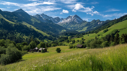 Fototapeta premium Idyllic mountain landscape in the Alps with blooming meadows in springtime