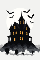 Haunted Victorian Mansion Silhouette Under Full Moon with Bats and Foggy Graveyard