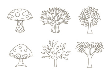 Whimsical Forest Doodles: A charming collection of playful forest elements, from dotted mushroom to leafy tree, perfect for adding a touch of nature's magic.