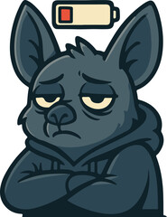 Tired Bat Wearing Hoodie with Low Battery Icon Exhausted Mood Cartoon