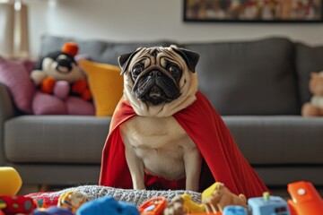 Pug in red cape surrounded by toys in a cozy living room