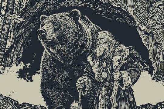 An old wizard, shaman or druid with a long beard and a staff, standing with his bear companion in a forest cave. Vector engraving or woodcut style.