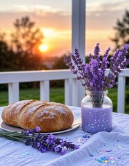 Freshly baked bread with lavender flowers on table at sunset  