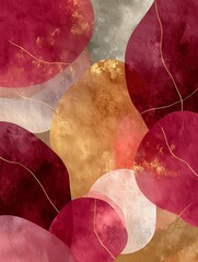 Elegant abstract composition with overlapping red, gold, and beige shapes. Soft watercolor textures and fine golden lines create a warm, sophisticated, and modern decorative background.