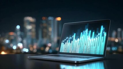 Close-up of laptop screen showing futuristic financial data charts and holographic interface, glowing neon reflections, digital trading concept, fintech analytics - Powered by Adobe