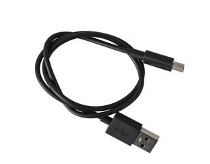 Cabo USB ,cor preta, enrolado. Fundo transparente. 