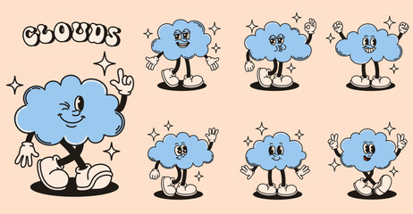 Clouds mascot characters in retro groovy style.