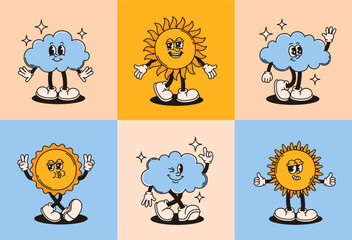 Clouds and suns mascot characters in retro groovy style.