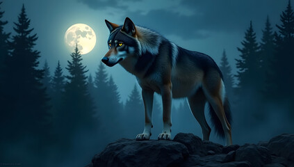 Lone Wolf Under Full Moon in Forest Night