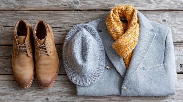 Classic autumn menswear is arranged neatly on a weathered wooden surface. This stylish flat lay features brown boots, a cozy scarf, and a sharp blazer, perfect for the season