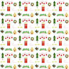 Pattern con elementi decorativi natalizi misti, illustrazione multicolore su sfondo bianco