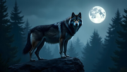 Lone Wolf Under Full Moon in Forest Night