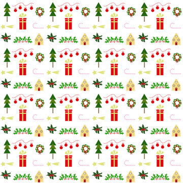 Pattern con elementi decorativi natalizi misti, illustrazione multicolore su sfondo bianco