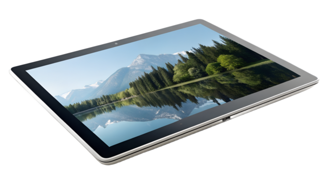 Flat digital tablet with thin bezels, isolated transparent background, slight reflection on screen.