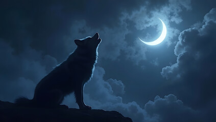 Lone Wolf Under Full Moon in Forest Night