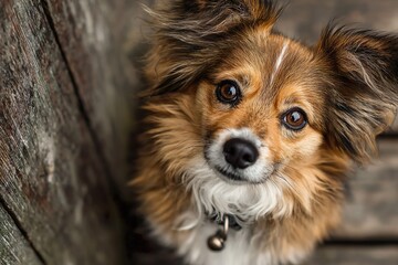 Cute brown and white puppy with soft fur and soulful eyes lying on a cozy white blanket, looking at the camera in a warm indoor setting