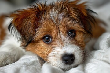 Cute brown and white puppy with soft fur and soulful eyes lying on a cozy white blanket, looking at the camera in a warm indoor setting
