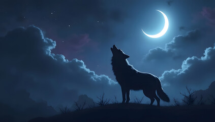 Lone Wolf Under Full Moon in Forest Night