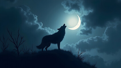 Lone Wolf Under Full Moon in Forest Night