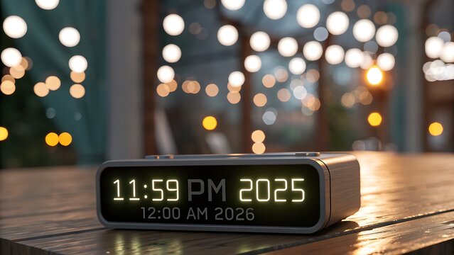 Digital alarm clock displaying 1159 pm 2025 and 1200 am 2025 on a wooden table with blurred lights in the background, symbolizing the new year