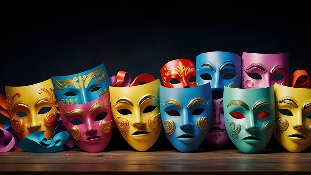 comedy and tragedy masks on black background