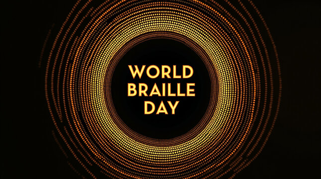 World braille day design featuring concentric circles of glowing dots radiating from a central point, symbolizing awareness and accessibility for the visually impaired - Powered by Adobe