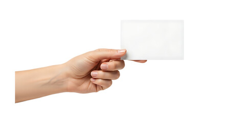 Fototapeta premium A caucasian hand holding a blank white card against a black background in a studio setting here now