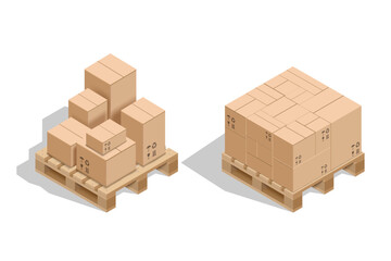 Cardboard boxes stacked on a pallet. Isometric view isolated on a white background. Vector illustration.