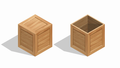 Wooden crates, open and closed. Isometric view isolated on a white background. Vector mockup.