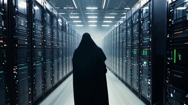 A mysterious dark silhouette in a black cloak wanders among huge illuminated server racks in a futuristic data center. An atmosphere of secrecy and cyber threats in the digital world