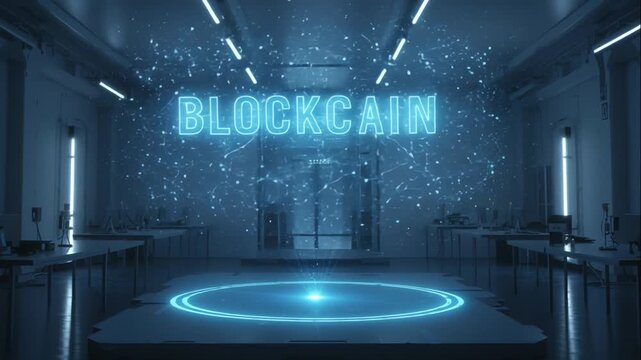 A futuristic digital room with a glowing hologram of a blockchain floating in the air, a concept of technological progress in the field of decentralized finance and cryptocurrencies