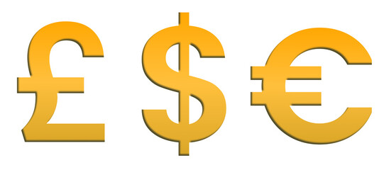 Gold Currency Symbols — Dollar, Pound Sterling, and Euro Icons, PNG