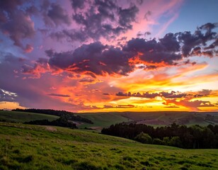 Vibrant Sunset Over Rolling Green Hills - A Scenic Landscape.