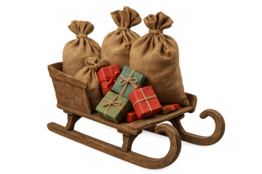 Wooden sledge carrying christmas gifts, presents, and burlap sacks, delivering holiday cheer with transparent background