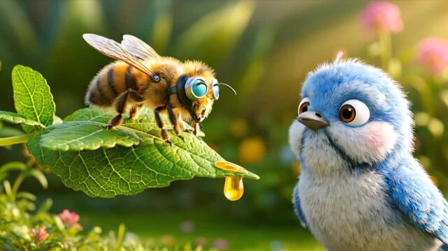 Cute bee wearing glasses and little blue bird watching on a leaf with honey drop.