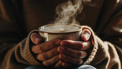 Warm close-up shot of female hands gently holding a steaming cup. Cozy minimal composition in soft natural light and beige tones, evoking comfort and calm.