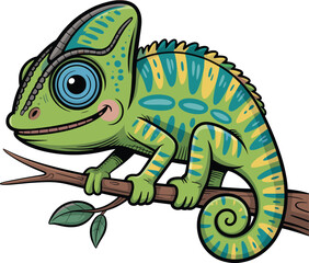 Colorful cartoon chameleon sitting on a tree branch, tropical reptile vector illustration with detailed design, cute exotic animal art