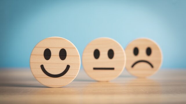 Emotional Spectrum: Wooden emoticons representing a spectrum of emotions - joy, neutrality, and sadness, on a wooden surface. Reflecting diverse states of mind.