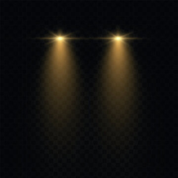 Car lights effect on transparent backdrop. Isolated yellow headlights. Realistic automobile flares. Bright car beams concept. Rays on road. Vector illustration 