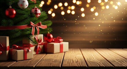 Christmas tree gifts and blurred festive lights on wooden table